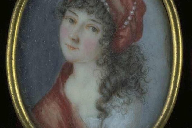  Portrétní miniatura malířka s červeným šálem a perlami, Vídeň, 1798, akvarel a kvaš na slonovinové podložce, součást tabla s portrétními miniaturami, Národní památkový ústav, územní památková správa v Českých Budějovicích, Mobiliární fond klášter Plasy, inv. č. PY 1792c.