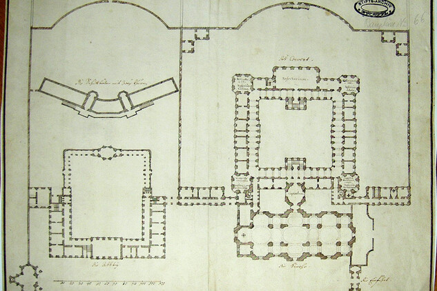 Obr. 1: Jan Blažej Santini-Aichel, Návrh přestavby kláštera, kolem roku 1710. Klášter Zwettl, Rakousko - Stift Zwettl, Klosterarchiv, Baumplan Nr. 66. Převzato z knihy: STECKEROVÁ, Andrea a VÁCHA, Štěpán (ed.). Vznešenost & zbožnost: barokní umění na Plzeňsku a v západních Čechách. Lomnice nad Popelkou: Matěj Bárta, Studio JB, 2015. ISBN 978-80-86512-56-3, s. 317.