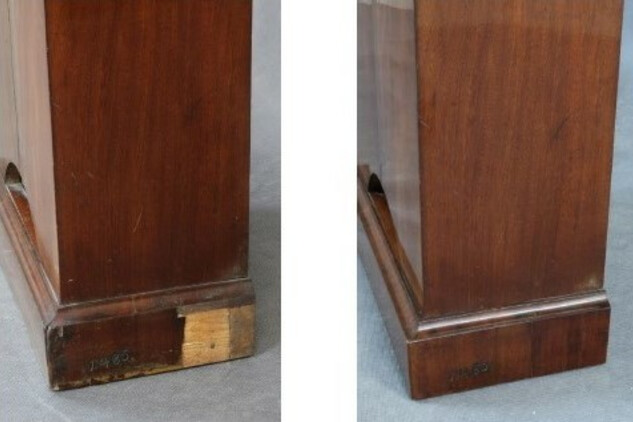 Stav před a po restaurování: Detail – chybějící dýha na soklu