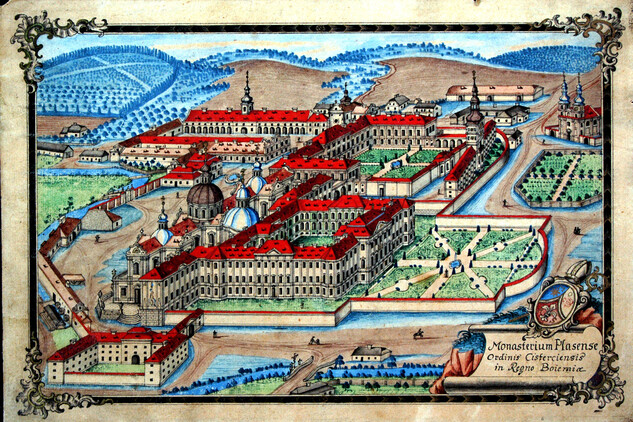 Obr. 3: Kresba s pohledem na klášter od jihovýchodu dochovaná ve sbírkách Západočeského muzea, inv. č. G-890. Převzato z knihy: STECKEROVÁ, Andrea a VÁCHA, Štěpán (ed.). Vznešenost & zbožnost: barokní umění na Plzeňsku a v západních Čechách. Lomnice nad Popelkou: Matěj Bárta, Studio JB, 2015. ISBN 978-80-86512-56-3, s. 321.