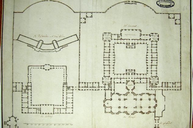 Obr. 1: Jan Blažej Santini-Aichel, Návrh přestavby kláštera, kolem roku 1710. Klášter Zwettl, Rakousko - Stift Zwettl, Klosterarchiv, Baumplan Nr. 66. Převzato z knihy: STECKEROVÁ, Andrea a VÁCHA, Štěpán (ed.). Vznešenost & zbožnost: barokní umění na Plzeňsku a v západních Čechách. Lomnice nad Popelkou: Matěj Bárta, Studio JB, 2015. ISBN 978-80-86512-56-3, s. 317.